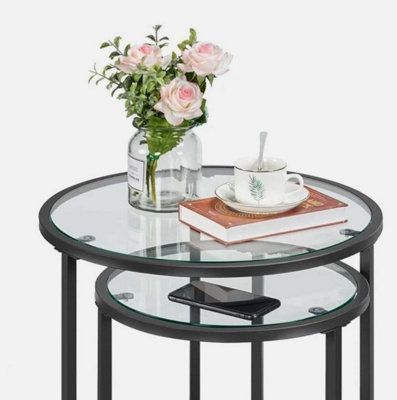 Round Nesting Coffee Table Set, Stacking Sofa Side Table with Glass Top ...