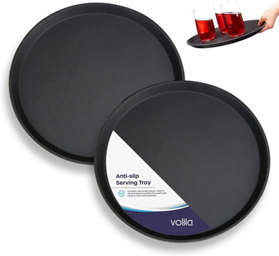 Round Non Anti Slip Tableware Bar Serving Tray Ideal for Home Kitchens Bars Restaurants Pack of 2 & 45cm Trays Black