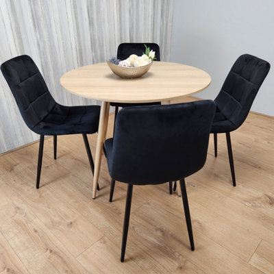 Round Oak Effect Kitchen Dining Table With 4 Black Velvet Tufted Chairs ...
