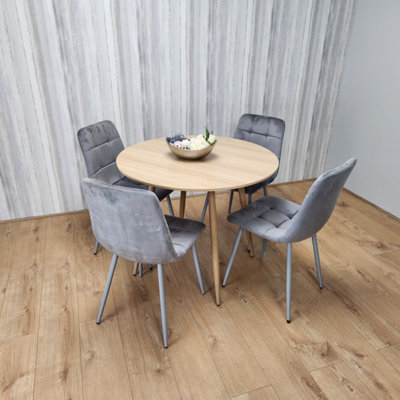 Round Oak Effect Kitchen Dining Table With 4 Grey Velvet Tufted Chairs ...