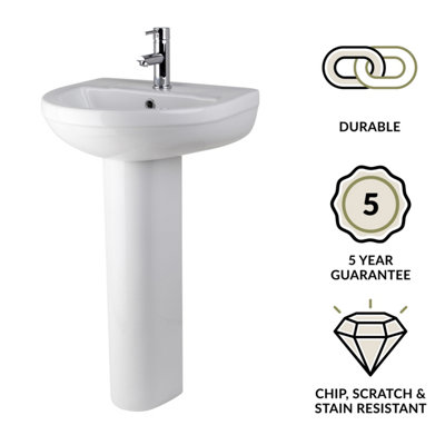 Round One Tap Hole Ceramic Basin & Full Pedestal - 500mm - 3