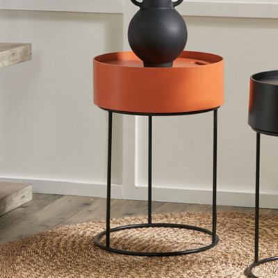 Round Orange Wood Storage Table with Metal Legs