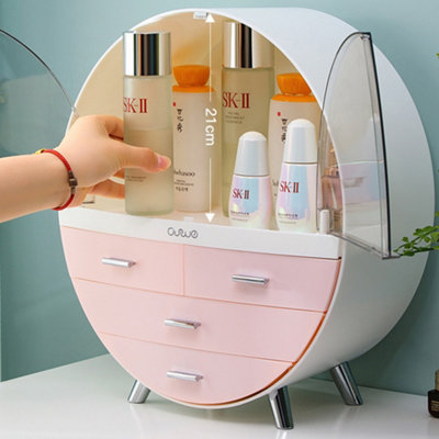 Round Pink Dustproof Waterproof Freestanding Cosmetic Storage Box Desktop Organzier with Drawers