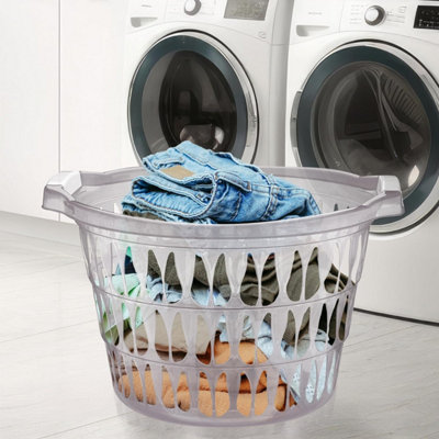 Round Plastic Laundry Storage Basket Hamper Washing Clothes With Handles Home Clear