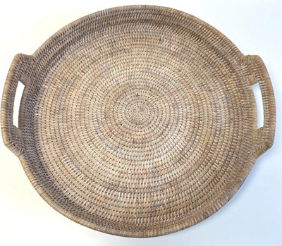 Round Rattan Serving Trays with Handles, White Wash, Woven Boho Coffee ...
