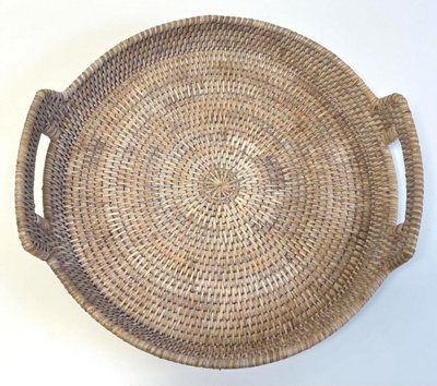 Round Rattan Serving Trays with Handles, White Wash, Woven Boho Coffee ...