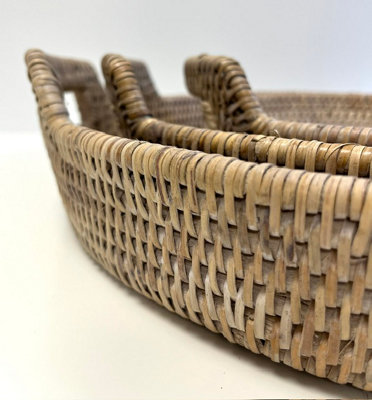 Round Rattan Serving Trays with Handles, White Wash, Woven Boho Coffee ...