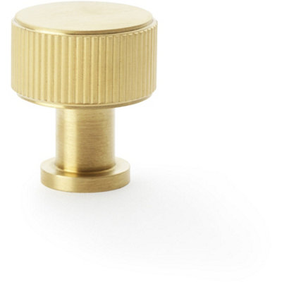 Round Reeded Door Knob - 29mm Diameter Satin Brass Lined Cupboard Pull Handle