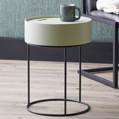 Round Sage Green Wood Storage Table with Metal Legs