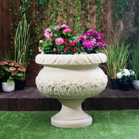 Round Sandstone Urn Vase with Leaf Design
