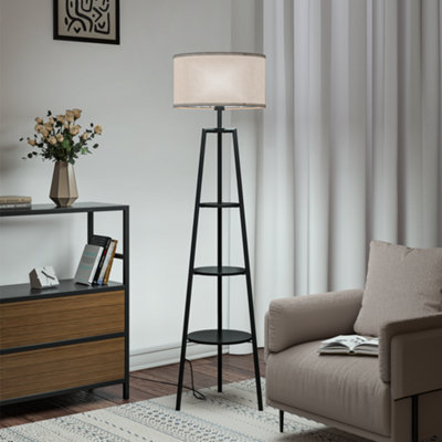 Round Shelf Floor Lamp Floor Light with Fabric Lampshade 152.5cm H