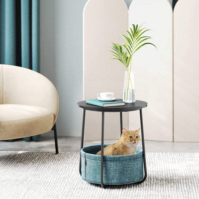 Round Side Table Black Modern End Table with Dark Turquoise Fabric Basket