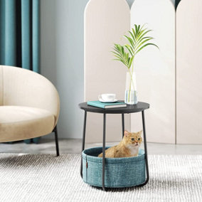 Round Side Table Black Modern End Table with Dark Turquoise Fabric Basket