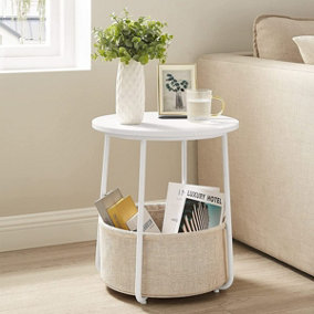 Round Side Table White Modern End Table with Beige Fabric Basket