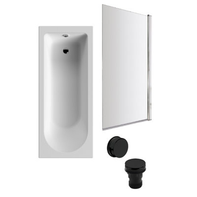 Round Single Ended Bath and Square Chrome Bath Screen, Black Waste - 1700x700mm