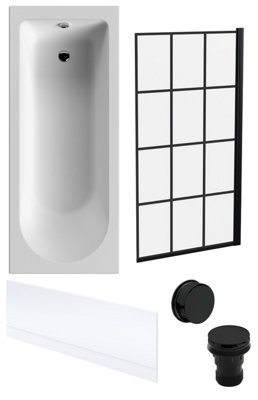 Round Single Ended Bath, Black Framed Screen, Front Panel, Black Waste ...