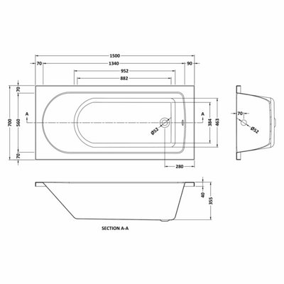 Round Single Ended Straight Shower Bath with Leg Set - 1500mm x 700mm