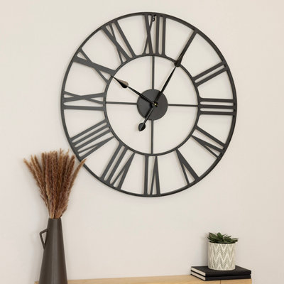 Round Skeleton Clock with Roman Numerals Matte Black 80cm