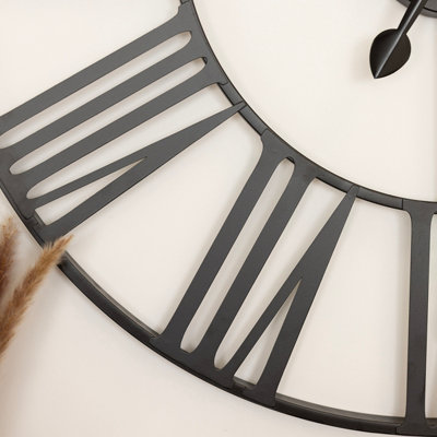 Round Skeleton Clock with Roman Numerals Matte Black 80cm
