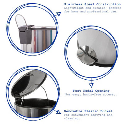Round Stainless Steel Kitchen Pedal Bin - 30L - Chrome