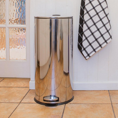 Round Stainless Steel Kitchen Pedal Bin - 30L - Chrome - 5