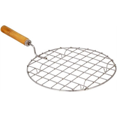 Round Steel Papad Roaster Roti BBQ Grill with Wooden Handle