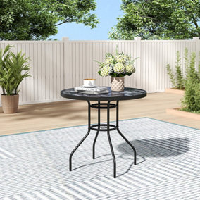 Round Stone Grain Marbling Outdoor Table Toughened Glass Patio Table Umbrella Hole For Garden Backyard 800mm(L)