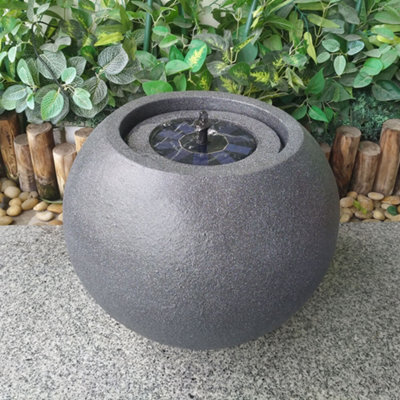 Round Stone Solar Water Feature / Fountain - Dark Grey