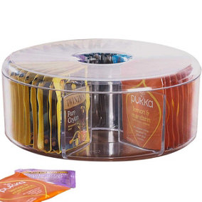 Round Teabag Holder with 6 Sections - Clear Plastic Circular Kitchen Storage Box - Measures H8 x 19cm Diameter
