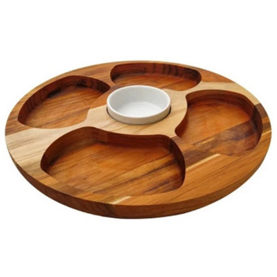 Round Teak Wood Snack Serving Board 5 Divisions with Porcelain Bowl 35.5 x 2.4cm
