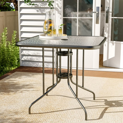 Glass garden table with deals parasol hole