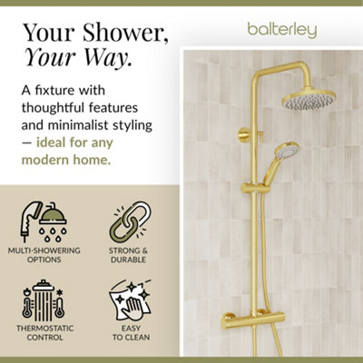 Round Thermostatic Shower Kit with Fixed Head & Adjustable Handset - Brushed Brass