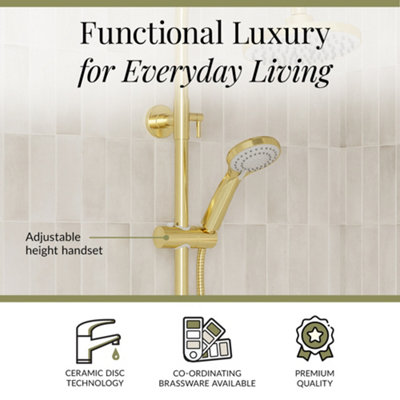 Round Thermostatic Shower Kit with Fixed Head & Adjustable Handset - Brushed Brass - 3