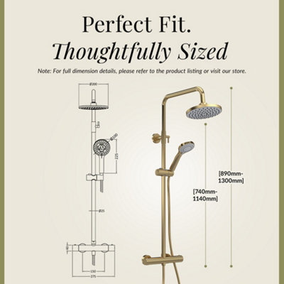 Round Thermostatic Shower Kit with Fixed Head & Adjustable Handset - Brushed Brass - 5