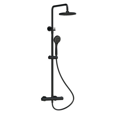 Round Thermostatic Shower Kit with Fixed Head & Adjustable Handset - Matt Black