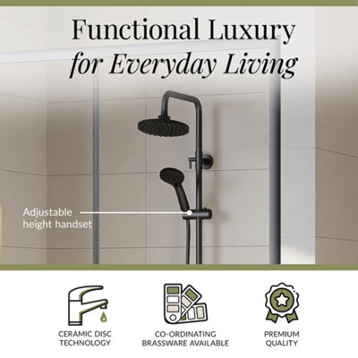 Round Thermostatic Shower Kit with Fixed Head & Adjustable Handset - Matt Black - 3