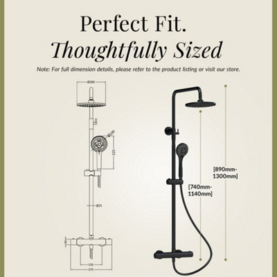 Round Thermostatic Shower Kit with Fixed Head & Adjustable Handset - Matt Black - 5