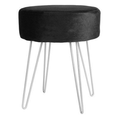 Round Velvet Footstool - H40 x D35cm - Black/Silver