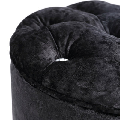 Round Velvet Footstool with Diamond Button Decoration in Black