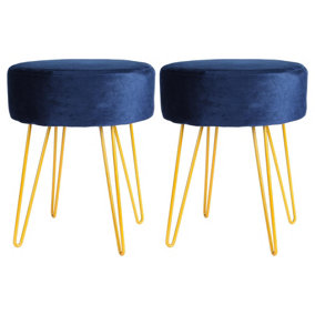 Round Velvet Footstools - Blue/Gold - Pack of 2