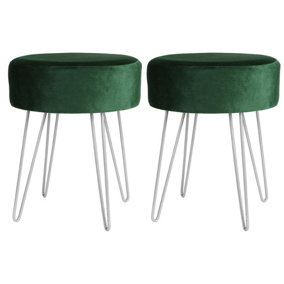 Round Velvet Footstools - Green/Silver - Pack of 2