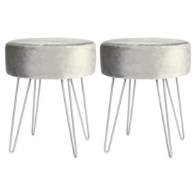 Round Velvet Footstools - Grey/Silver - Pack of 2
