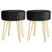 Round Velvet Footstools - H40 x D35cm - Black/Gold - Pack of 2