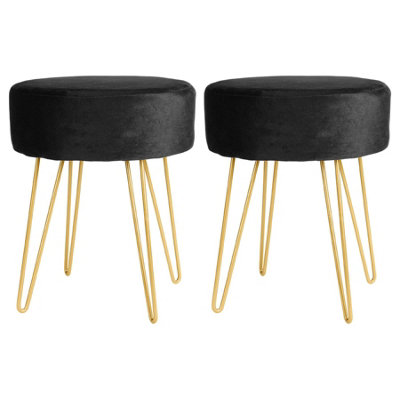 Round Velvet Footstools - H40 x D35cm - Black/Gold - Pack of 2