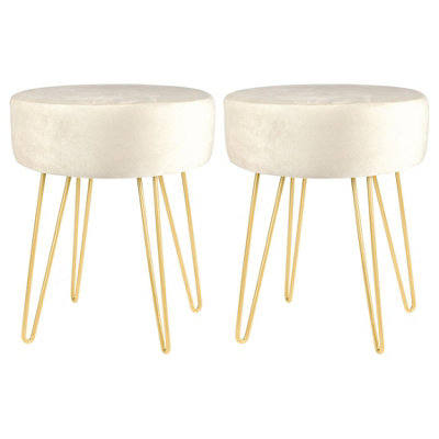 Round Velvet Footstools - H40 x D35cm - Cream/Gold - Pack of 2