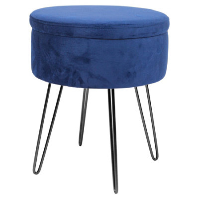 Round Velvet Storage Footstool - H45 x D36cm - Blue/Black