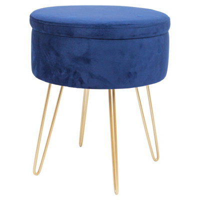 Round Velvet Storage Footstool - H45 x D36cm - Blue/Gold