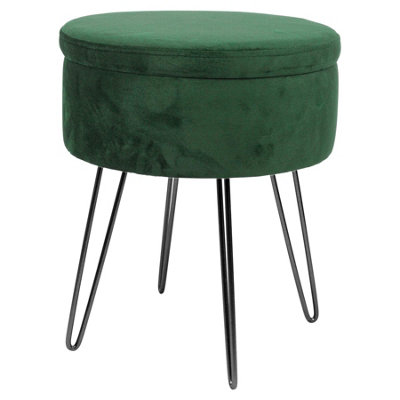 Round Velvet Storage Footstool - H45 x D36cm - Green/Black