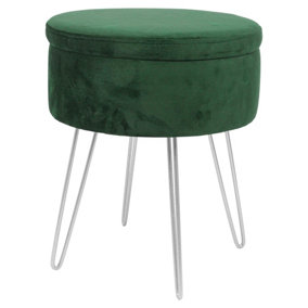 Round Velvet Storage Footstool - H45 x D36cm - Green/Silver