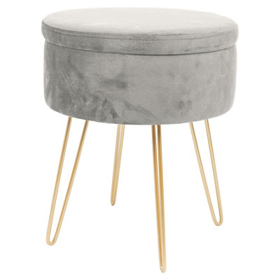 Round Velvet Storage Footstool - H45 x D36cm - Grey/Gold